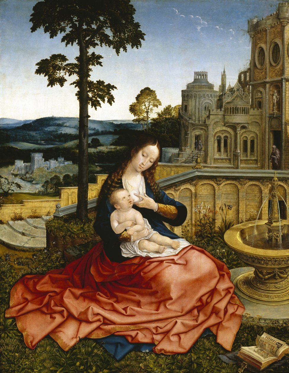Jomfruen og barnet ved en fontene (olje på panel) av Bernard van Orley