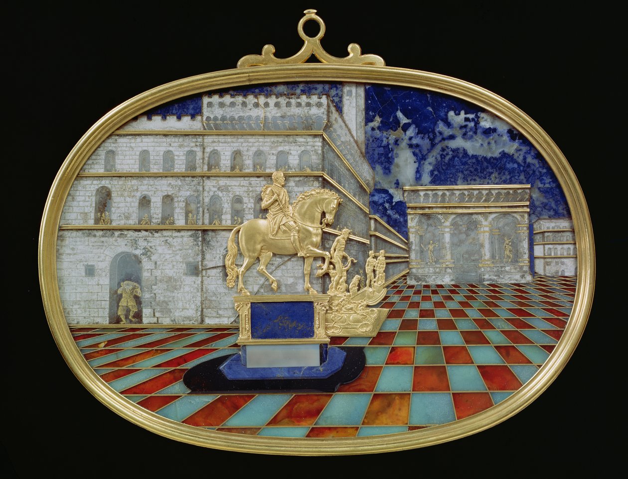 Miniatyrmosaikk av en italiensk piazza, sannsynligvis Firenze, som inneholder bronse og en rytterstatue, mosaikk av Gaffuri og bunnrelieffer i gull av Bilivelt (gull, lapis lazuli og halvedelstener) av Bernardino and Bilivert, Jacopo Gaffuri