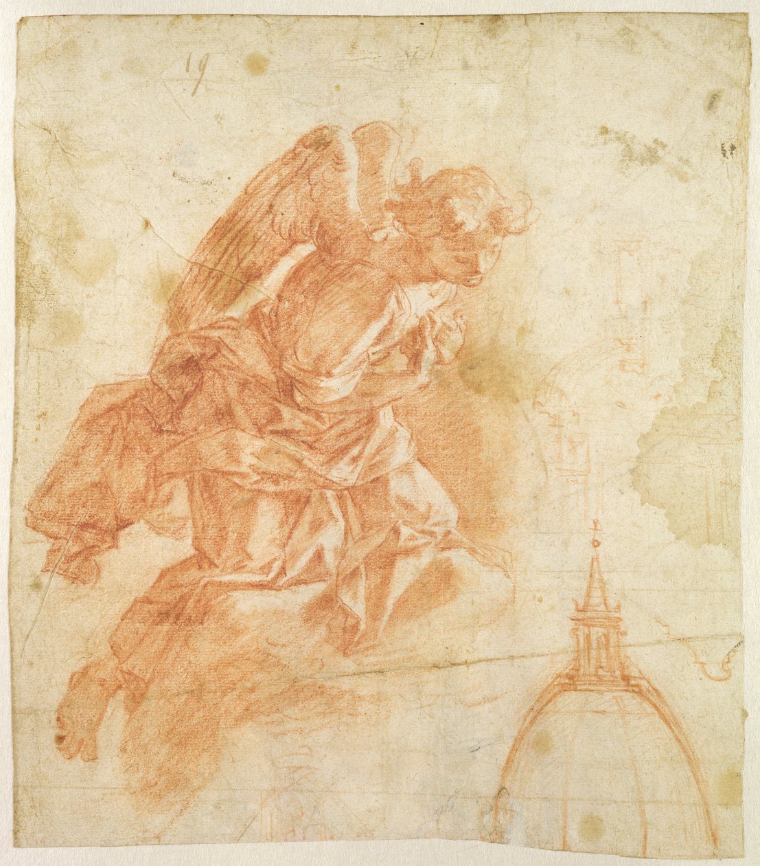 Opphengt engel og arkitektskisse, ca. 1600 (rødt kritt på papir) av Bernardino Barbatelli Poccetti