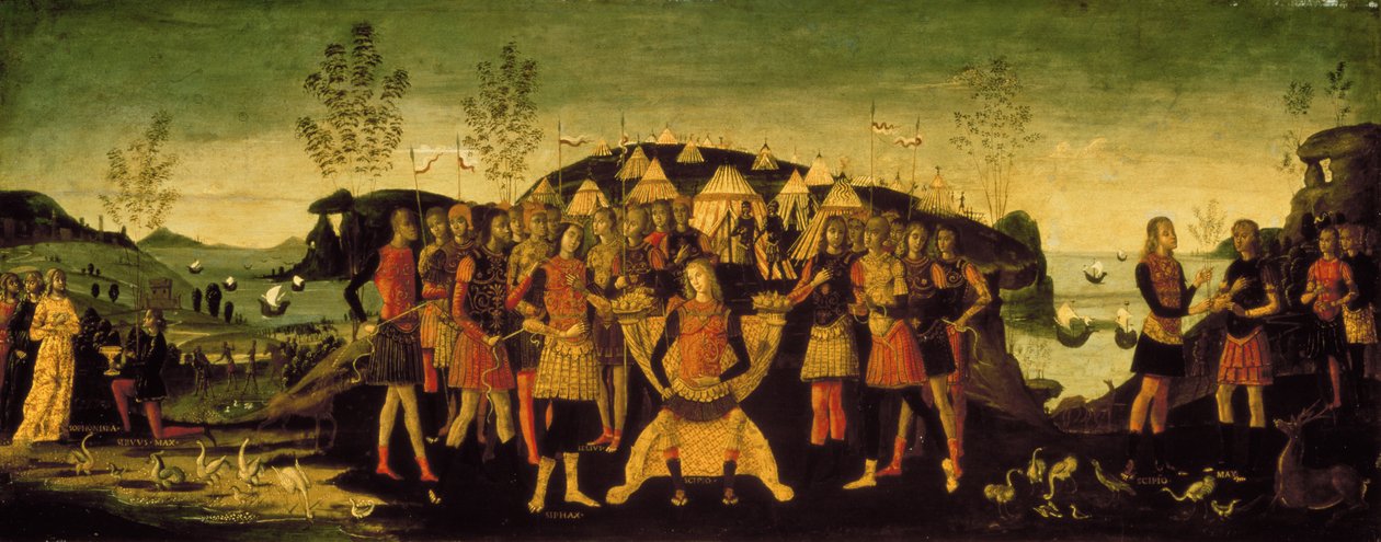 Scipio Africanus (237-183 f.Kr.), romersk general, med den fangede numidianske prinsen Sphax, hvis kone Sophonisba, en karthaginsk adelskvinne, står til venstre, ca. 1490 av Bernardino Fungai