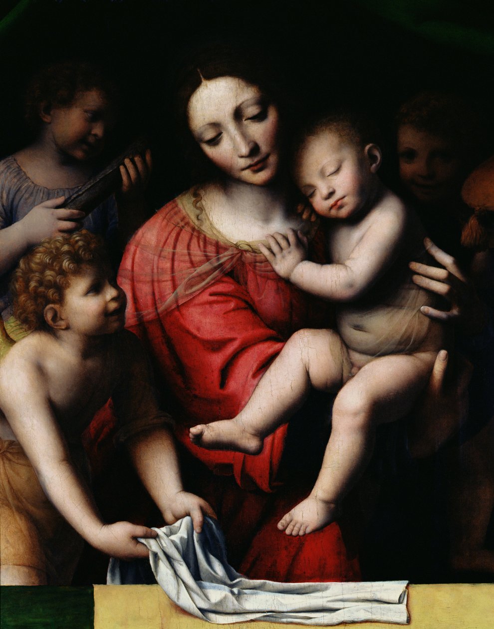 Den sovende Jesus, eller Madonna som holder det sovende barnet, akkompagnert av tre engler, 1532 av Bernardino Luini