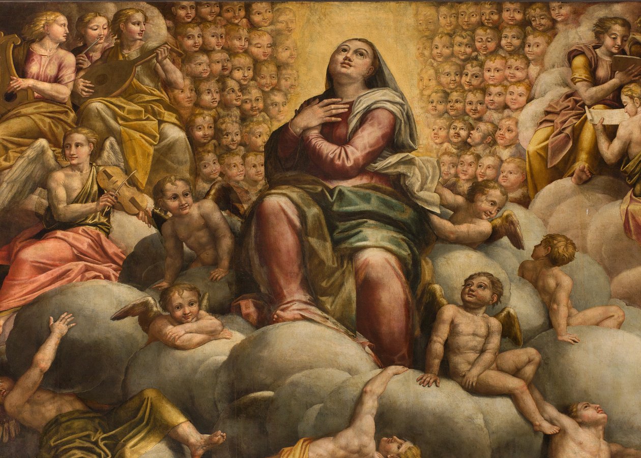 Apse, altertavle av Bernardino Gatti kalt Il Sojaro fullført av Giovanni Battista Trotti kalt IL Malosso, Jomfruens himmelfart av Bernardino Gatti