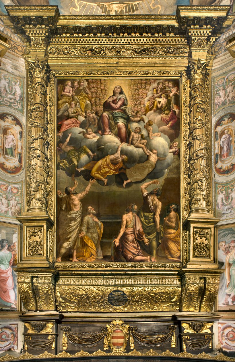 Apse, altertavle av Bernardino Gatti kalt Il Sojaro fullført av Giovanni Battista Trotti kalt IL Malosso, Jomfruens himmelfart av Bernardino Gatti