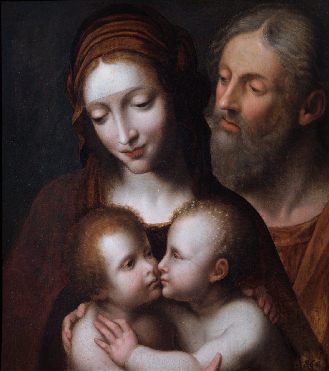 Den hellige familie med spedbarnet St. John (olje på granpanel) av Bernardino (after) Luini