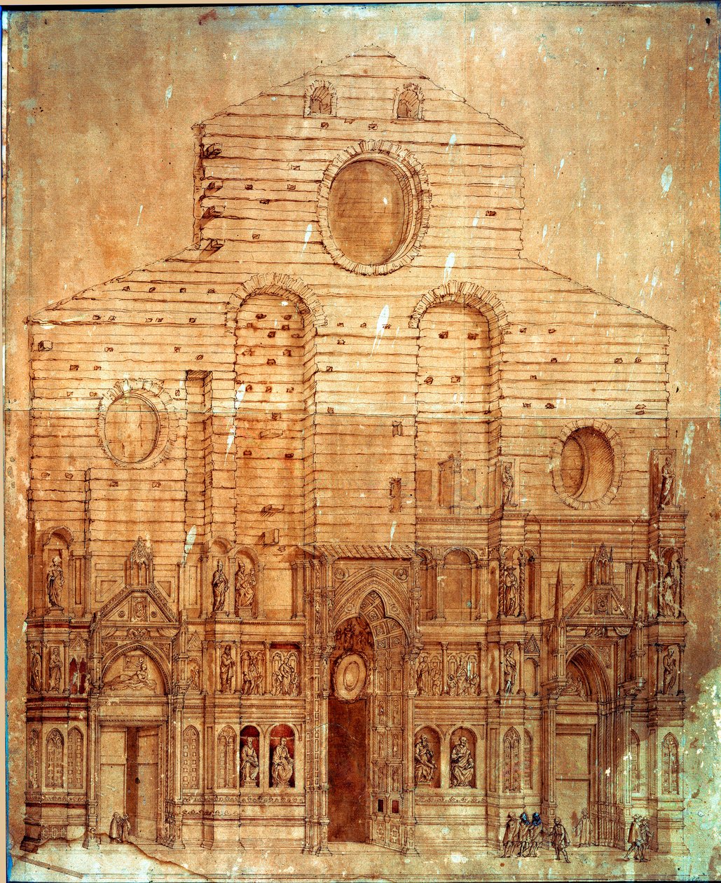 Fasade av katedralen (duomo) i Firenze. Tegning i penn og blod av Bernardino Poccetti (Bernardino Barbatelli) (1548-1612) Dim. 101x58 cm Firenze, Museo del 