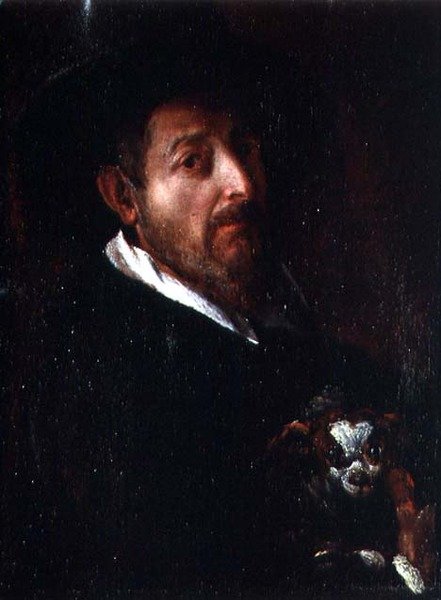Selvportrett med en hund (olje på lerret) av Bernardino Barbatelli Poccetti
