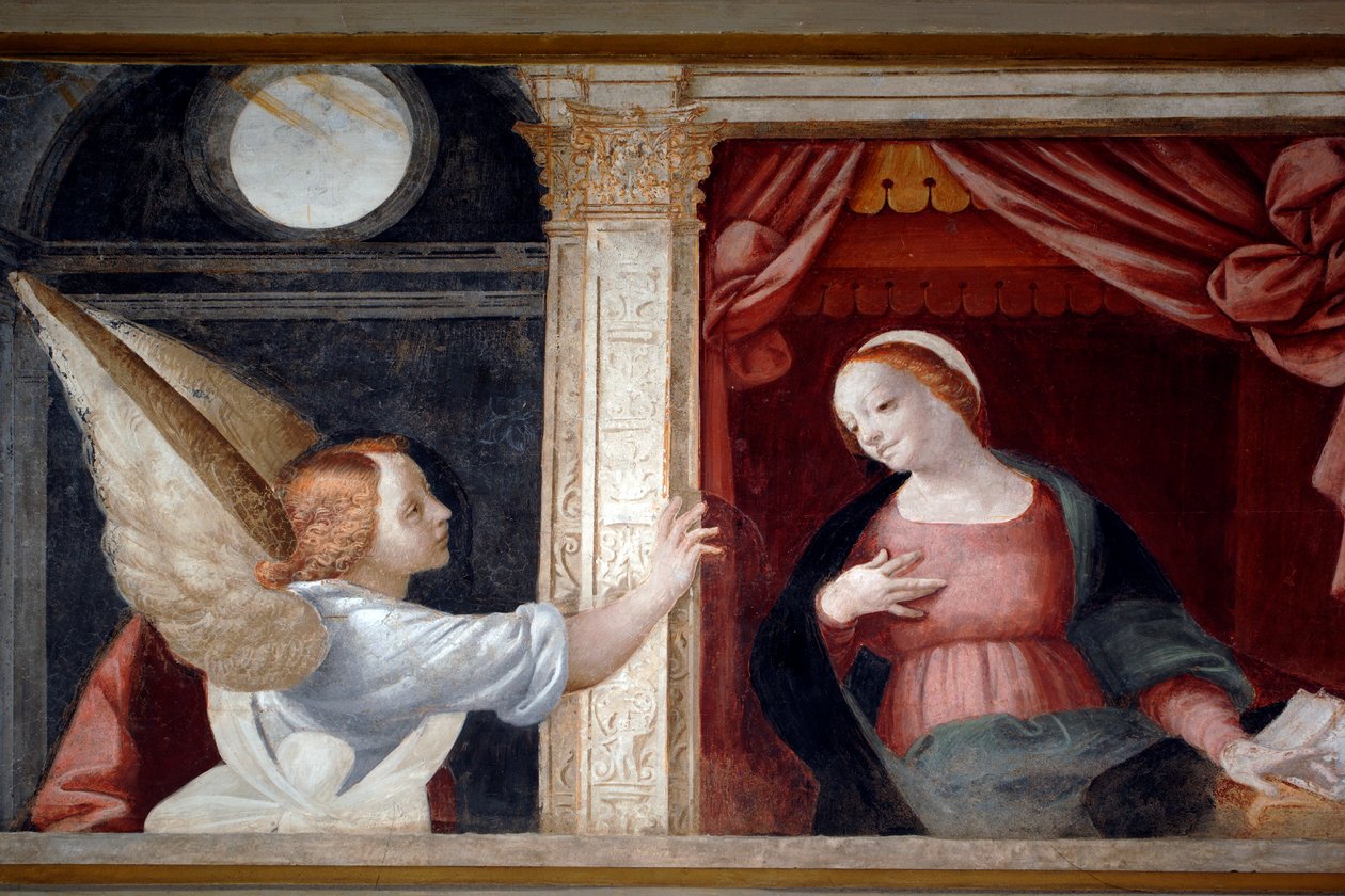 Bebudelse, detalj fra Cycle of Virgin (1553), freskomaleri av Bernardino Lanino (1512-1583), nedre sakristi i Novara Cathedral, Piemonte, Italia av Bernardino Lanino