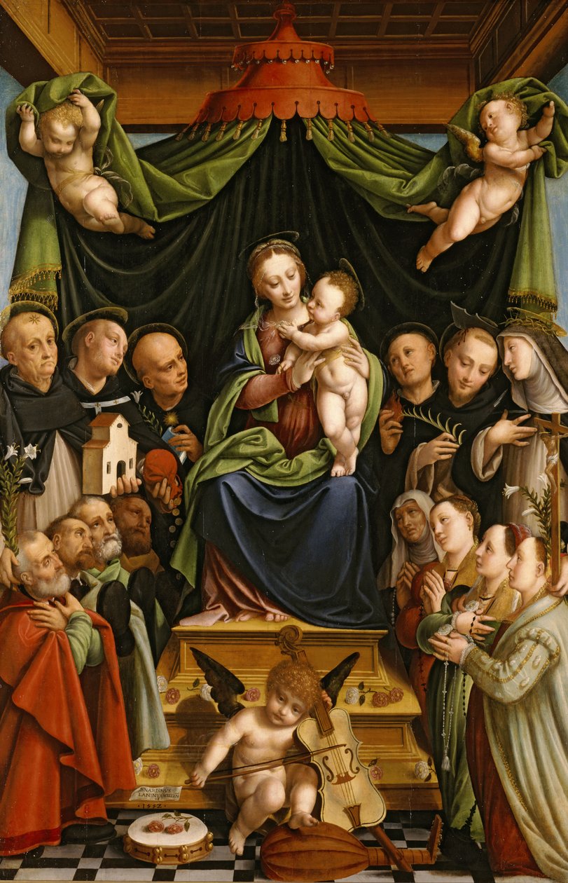 Madonna og barn tronet med hellige og givere av Bernardino Lanino