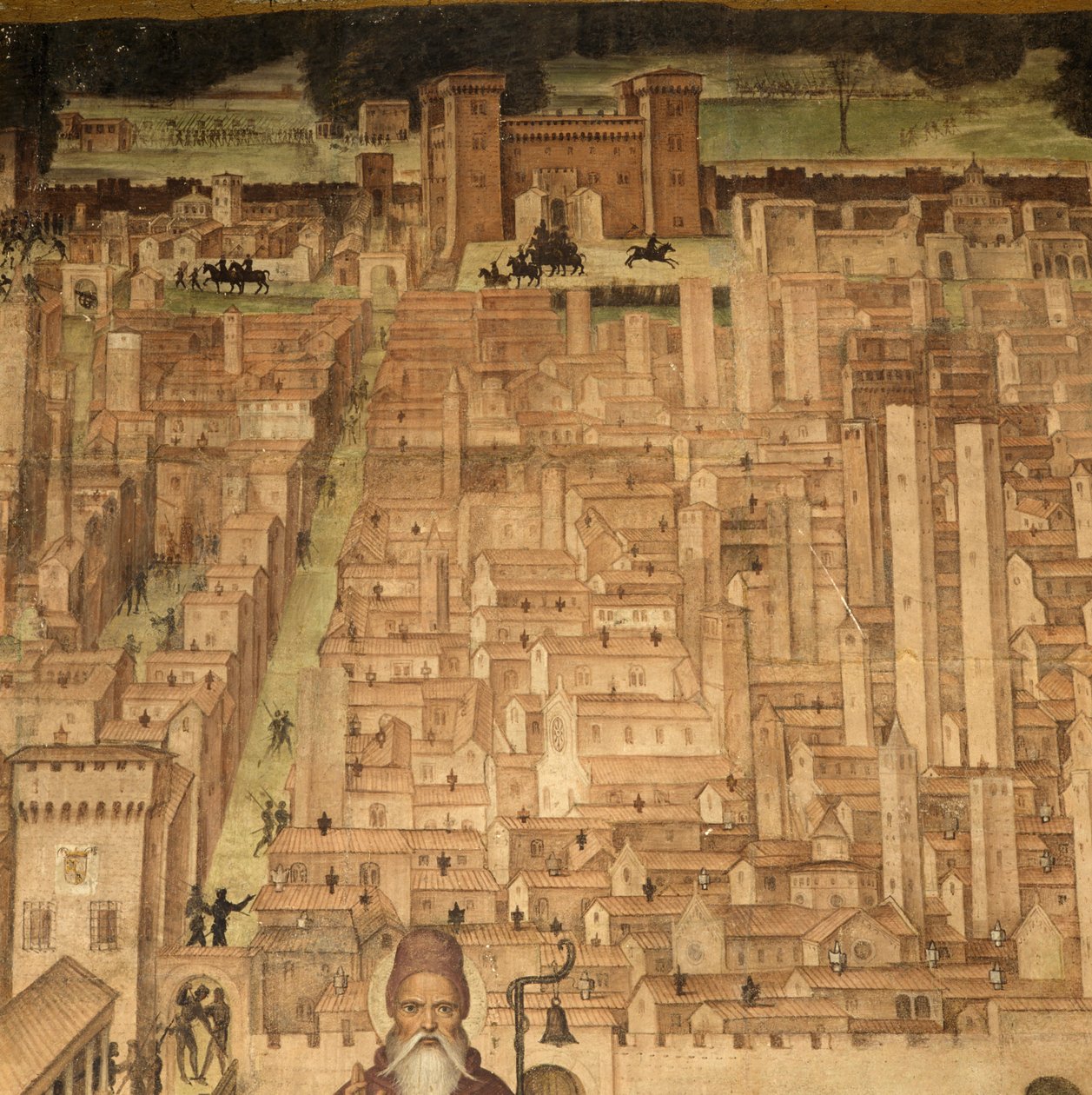 St Anthony og utsikt over Pavia, detalj fra Stories of St Theodore cycle, fresker av Bernardino Lanzani (1460-1530 ca), St Theodore's Church, Pavia, Lombardia, Italia av Bernardino Lanzani da San Colombano