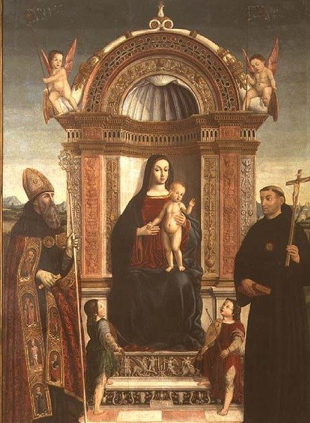 Madonna og barn med St. Nicholas av Tolentino og St. Augustine av Bernardino Loschi