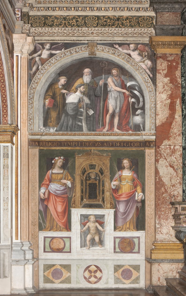Alessandro Bentivoglio med helgener og nedenfor Saint Rose og Saint Justina (fresco) (detalj av 3497192) av Bernardino Luini