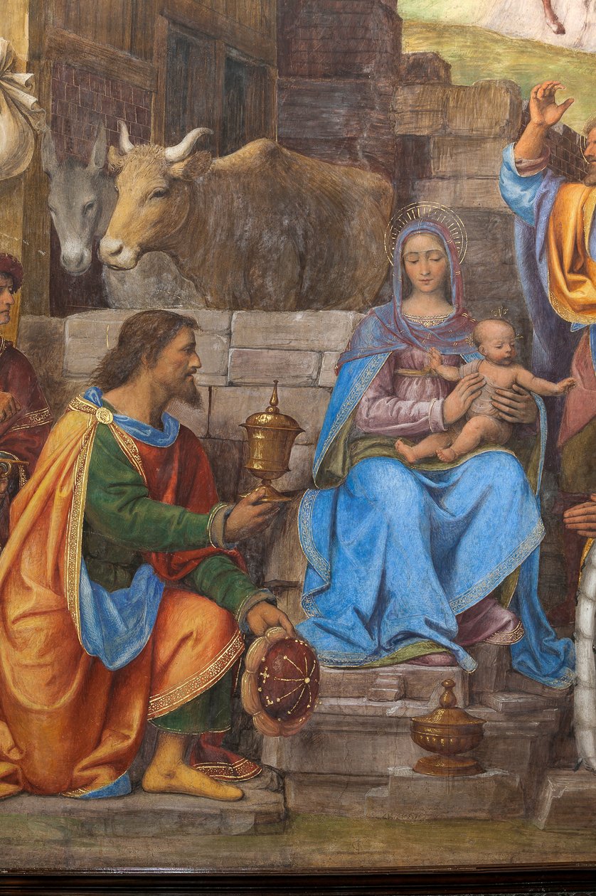 Detalj av tilbedelsen av de tre vise menn, prestekontoret eller hovedkapellet (fresco) av Bernardino Luini
