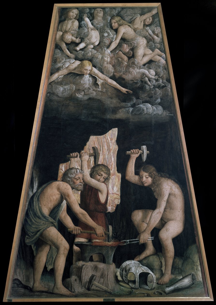 Guddommelige våpen smidd i vulkanens smie foran noen engler som ligger i skyene, Detalj (Fresco av Bernardino Luini