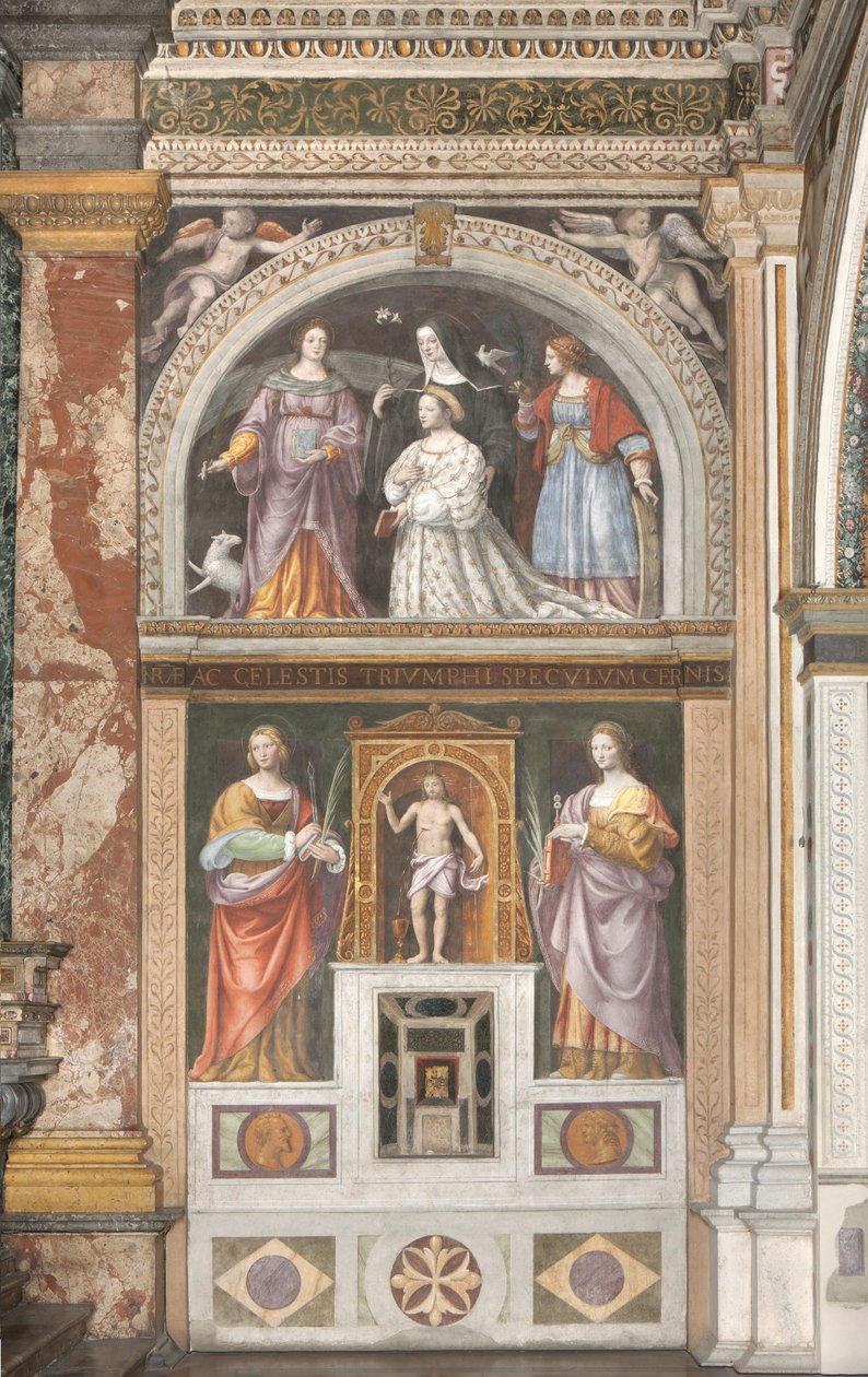 Ippolita Sforza med Saint Agnes og Saint Catherine og nedenfor Saint Apollonia og Saint Lucy, ca. 1522-25 (fresco) (detalj av 3497192) av Bernardino Luini