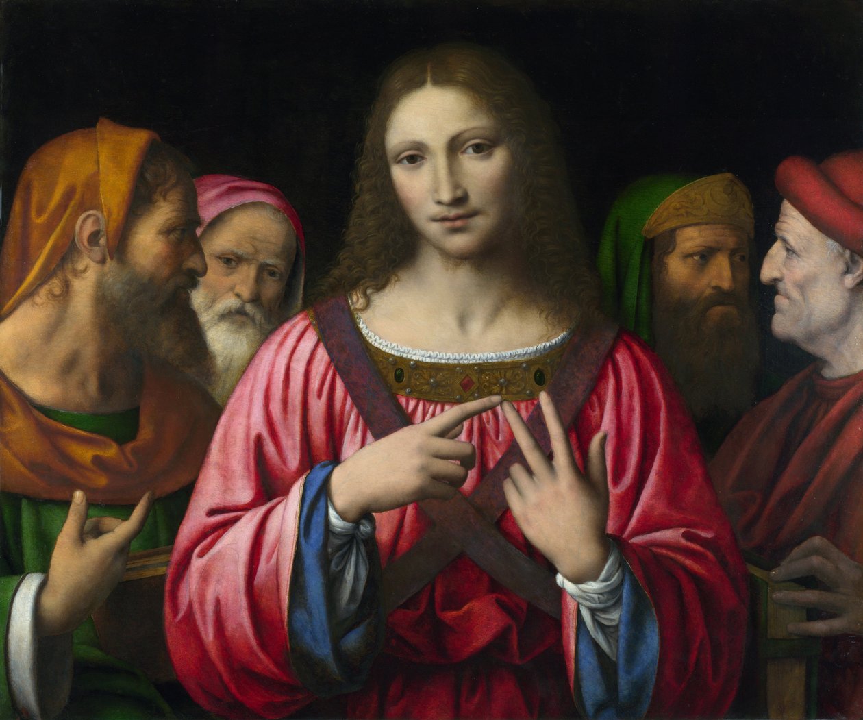 ""Kristus og lovens doktorer"" Maleri av Bernardino Luini (1481-1532), ca. 1515-1530 Dim 72,4x85,7 cm London, Nasjonalgalleriet - Luini, Bernardino (ca. 1480-1532) Kristus blant legene Olje på tre c. 1520 National Gallery, London 72,4x85,7 av Bernardino Luini