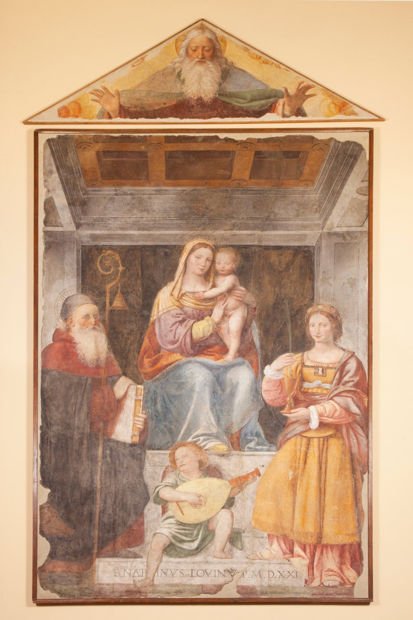 Madonna og Child, St Anthony Great, St Barbara og musikerengel av Bernardino Luini