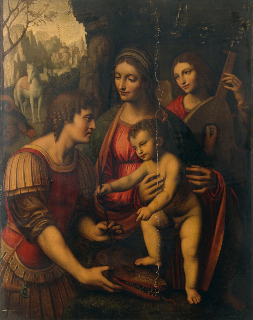 Madonna og barn med Saint George og en engel (olje på panel) av Bernardino Luini