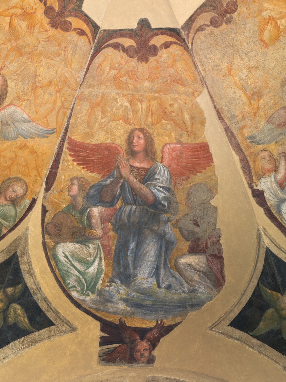 Bedende engel mellom to knelende musikere og kjeruber av Bernardino Luini