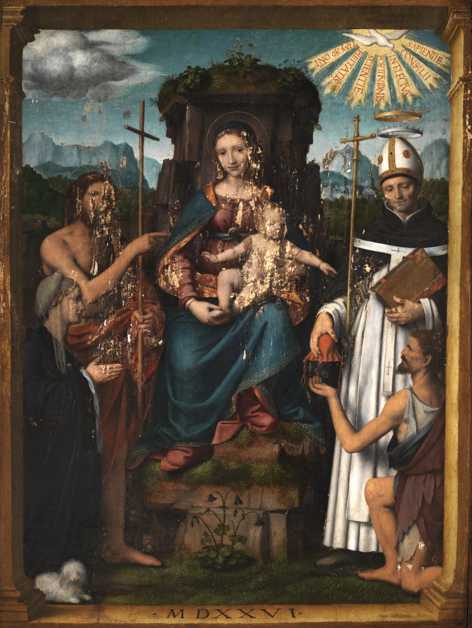 Jomfru og barn på tronen med døperen Johannes, den hellige Antoninus, en kvinnelig giver og en tigger, 1526 av Bernardino Luini