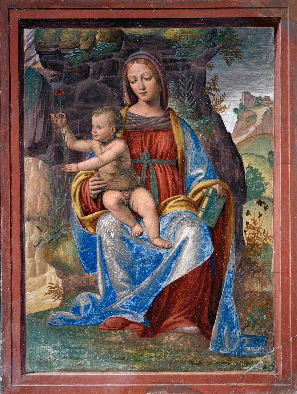 Jomfru og barn, freskomaleri av Bernardino Luini (ca 1480-ca 1532), i Lavabo Room eller Vestry, Lombardia, Italia av Bernardino Luini