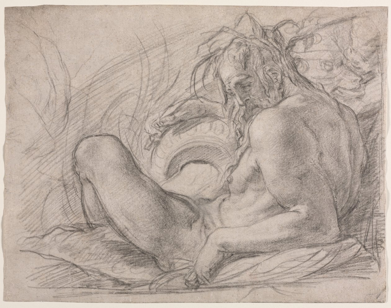 The River God Tiber (Studer for en fresco, Miracle of the Snow, eller Foundation of Santa Maria Maggiore, Roma i Canigiani-kapellet i S. Felicita, Firenze) av Bernardino Poccetti