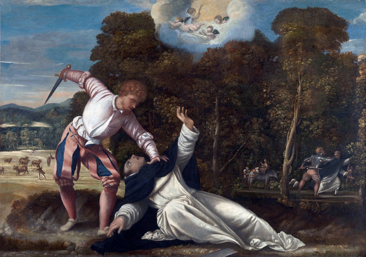 Døden til St. Peter av Verona - Maleri tilskrevet Bernardino da Asola (aktiv 1525-1550), olje på lerret (102x144,8 cm), ca. 1540 - (The Death of Saint Peter Martyr, Olje på lerret av Bernardino da Asola av Bernardino da Asola