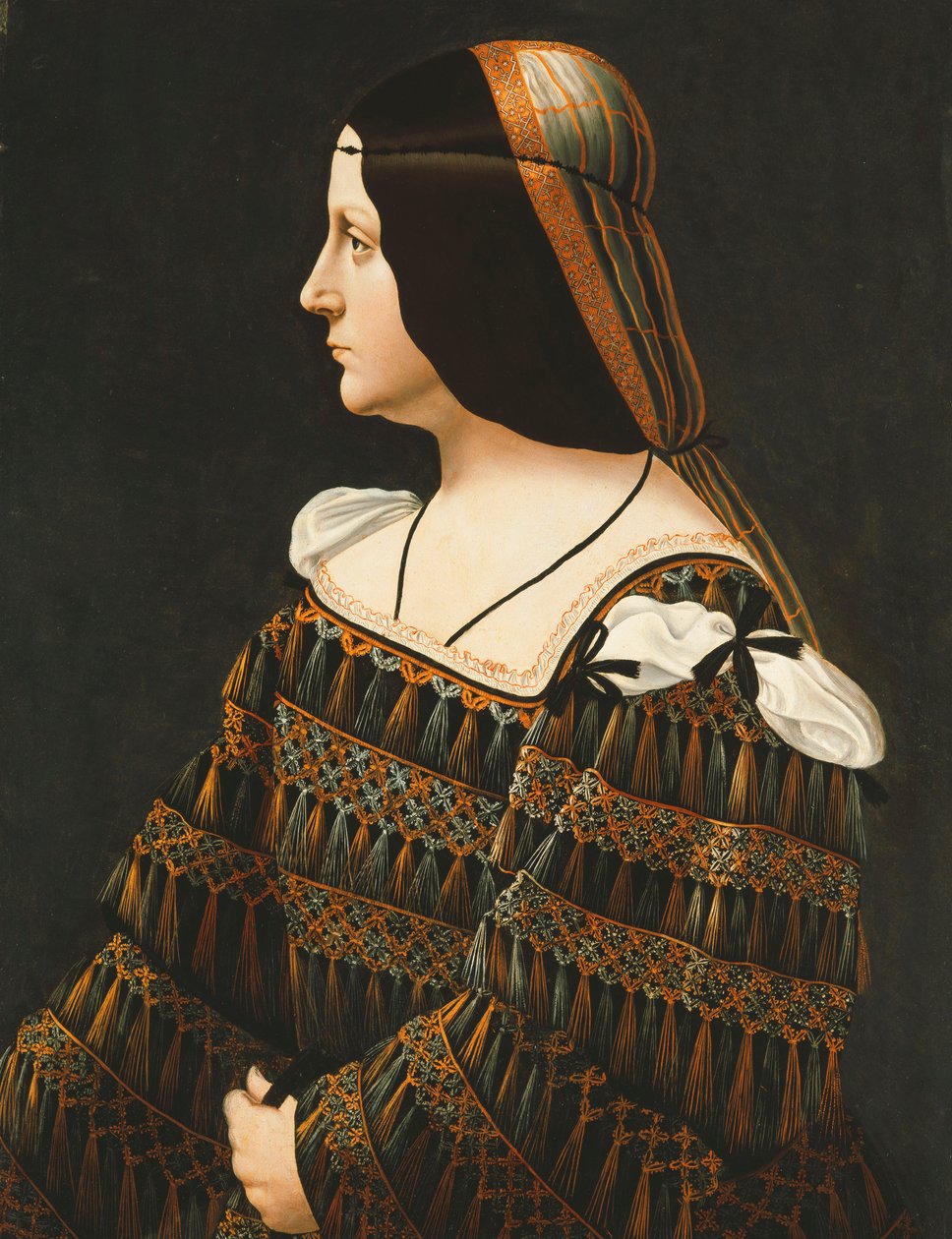 Portrett av en dame, halv lengde, i profil, i en svart kjole dekorert med blonder, med anhengdusker og avskårne skuldre og en oransje og grå snodd, av Bernardino de Conti