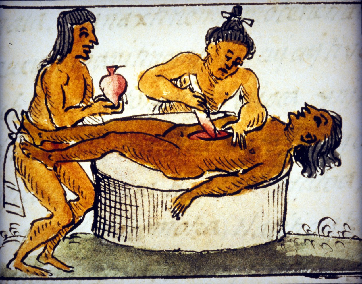 Menneskeofring: rituelle offer blant aztekerne. Fra et manuskript av Bernardino de Sahagun av Bernardino de Sahagun