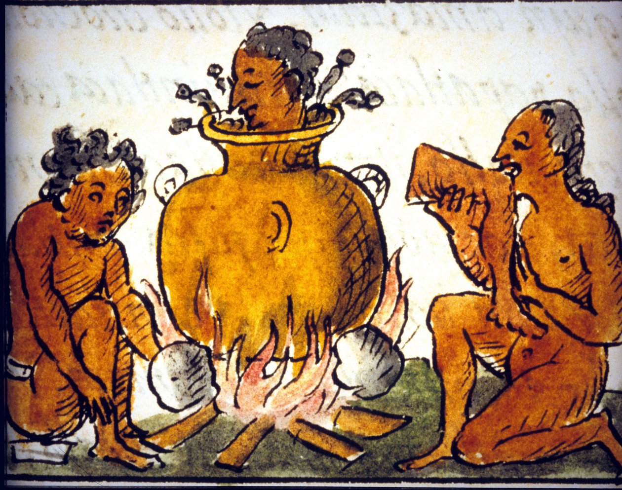 Rituell kannibalisme blant aztekerne. Manuskript av Bernardino de Sahagun. 17. århundre. Detaljer om COS0 av Bernardino de Sahagun