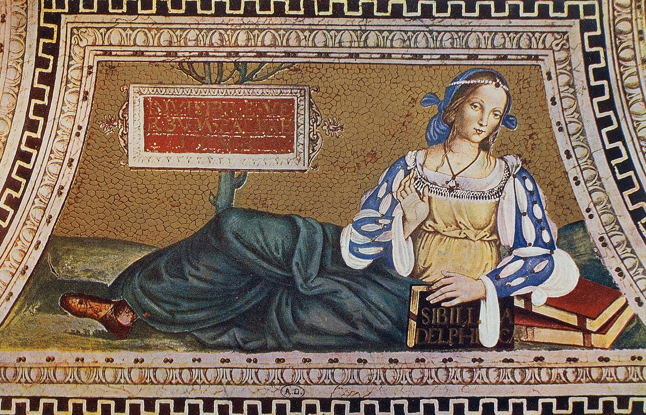 Sibyll of Delphi, gravering fra mosaikk av Bernardino Pinturicchio (ca 1452-1513) i kirken Santa Maria del Popolo, Roma av Bernardino di Betto (after) Pinturicchio
