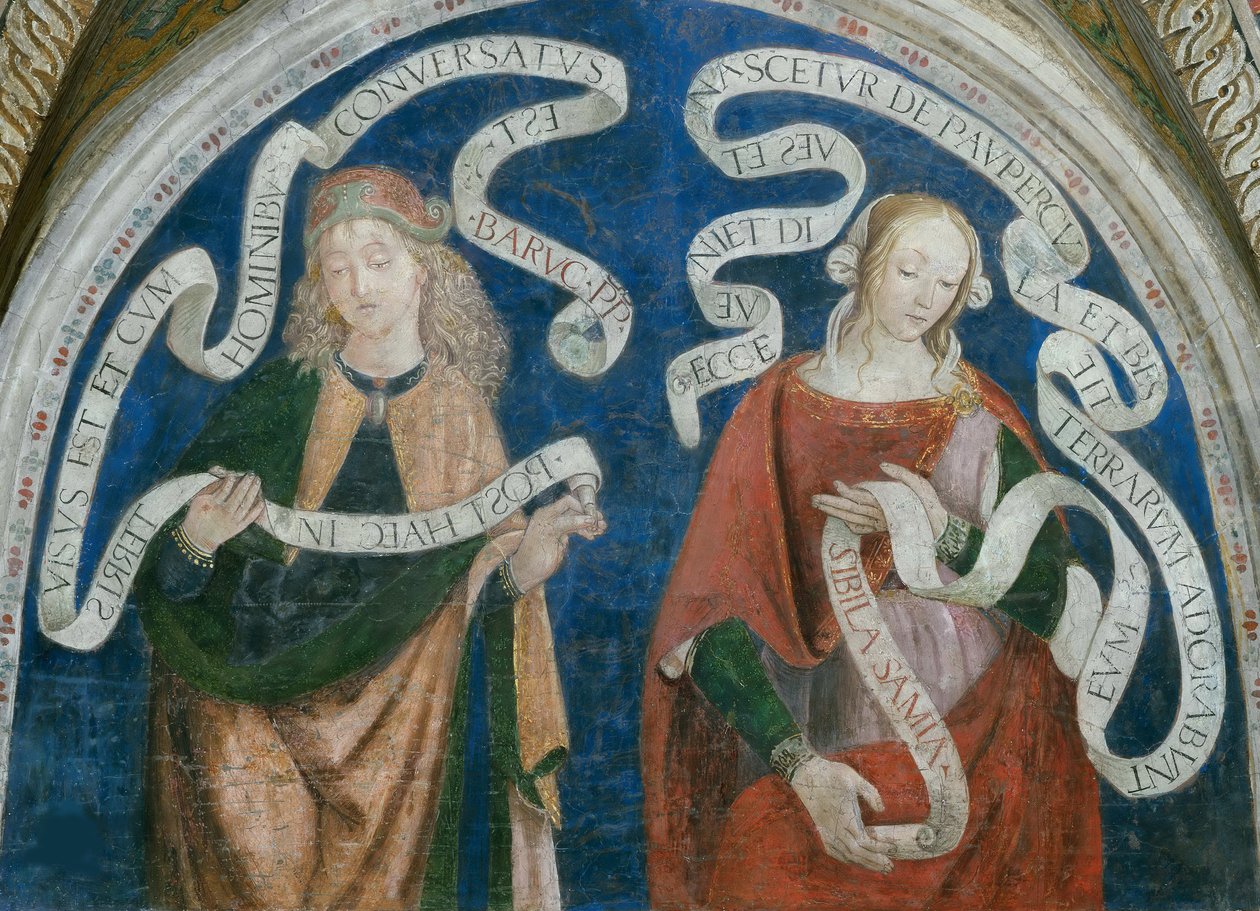 Le prophete Baruch et la sibylle samienne - The Prophet Baruch and the Samian Sibyl, by Pinturicchio, Bernardino, Workshop of (1454-1513). Fresco   1319757   no       norwegian Successfully Translated  Original: Battle of Lepanto. Victorious ships entering av Bernardino di Betto (workshop of) Pinturicchio