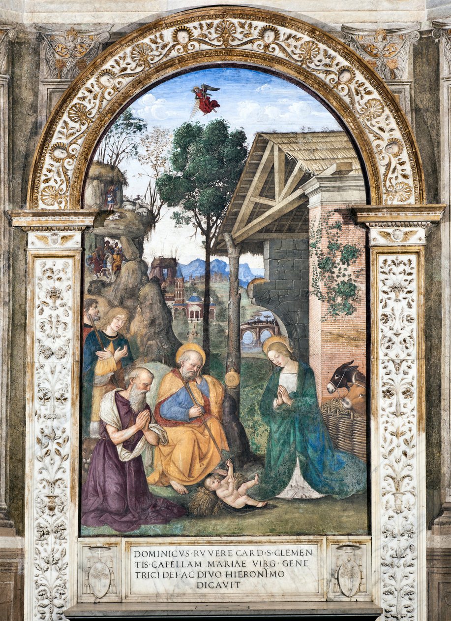 Tilbedelse av hyrdenes freskomaleri av Pinturicchio (Bernardino di Betto) (1454-1513) 1484-1492 Basilica of Santa Maria del Popolo (kirken Santa Maria del Popolo), Cappella Basso della Rovere Roma Italia av Bernardino di Betto Pinturicchio