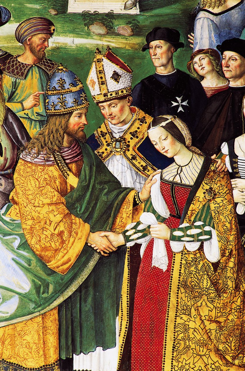 Aeneas Sylvius, biskop av Siena, presenterer keiser Frederick III med sin fremtidige kone Eleanor av Aragon av Bernardino di Betto Pinturicchio
