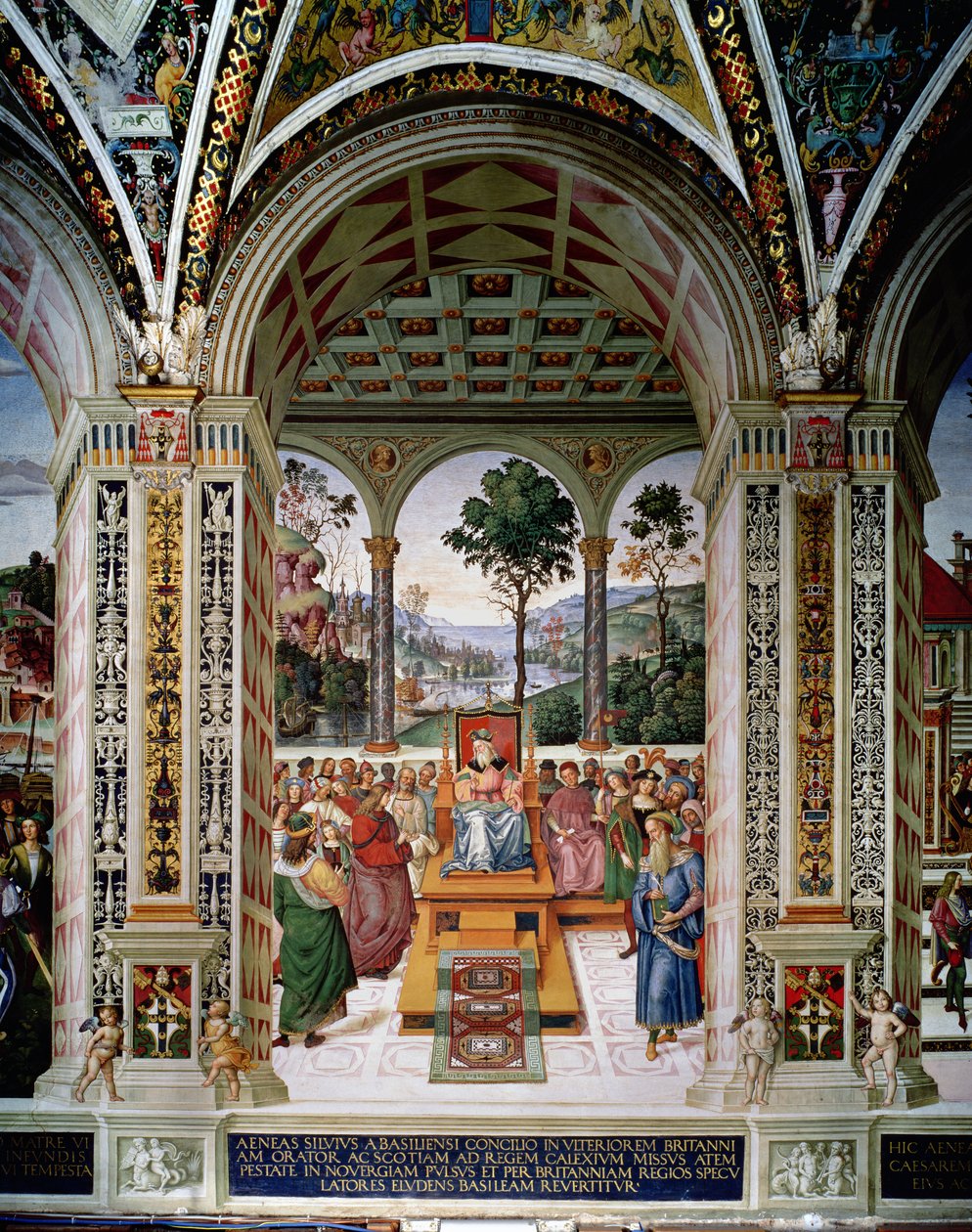 Aeneas Sylvius Piccolomini (1405-64) holder en tale for kong James I av Skottland (1394-1437) i 1435 av Bernardino di Betto Pinturicchio