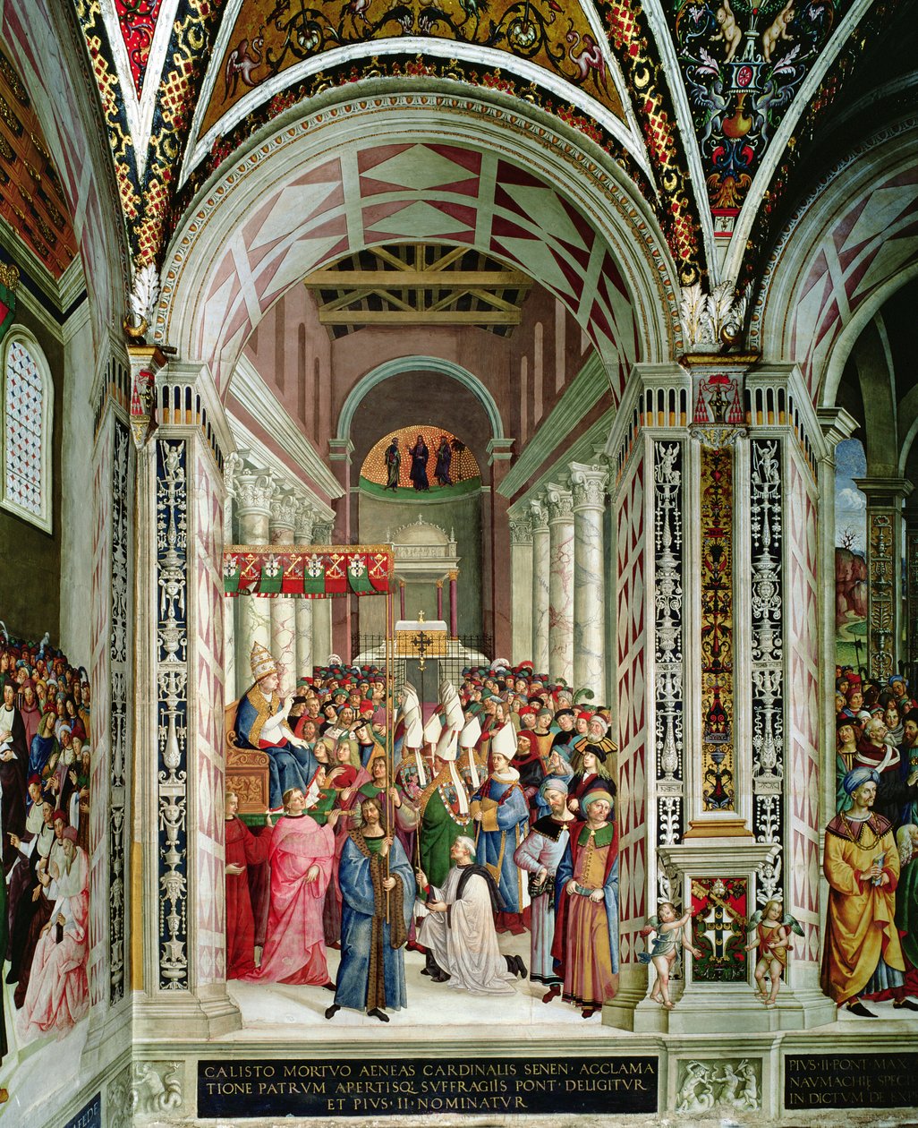 Aeneas Sylvius Piccolomini (1405-64), valgt til pave med navnet Pius II, går inn i St. Peters 3. september 1458 av Bernardino di Betto Pinturicchio