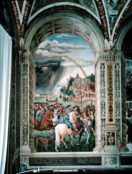 Aeneas Sylvius Piccolomini (1405-64) Reiser til konsilet i Basel vinteren 1432 av Bernardino di Betto Pinturicchio