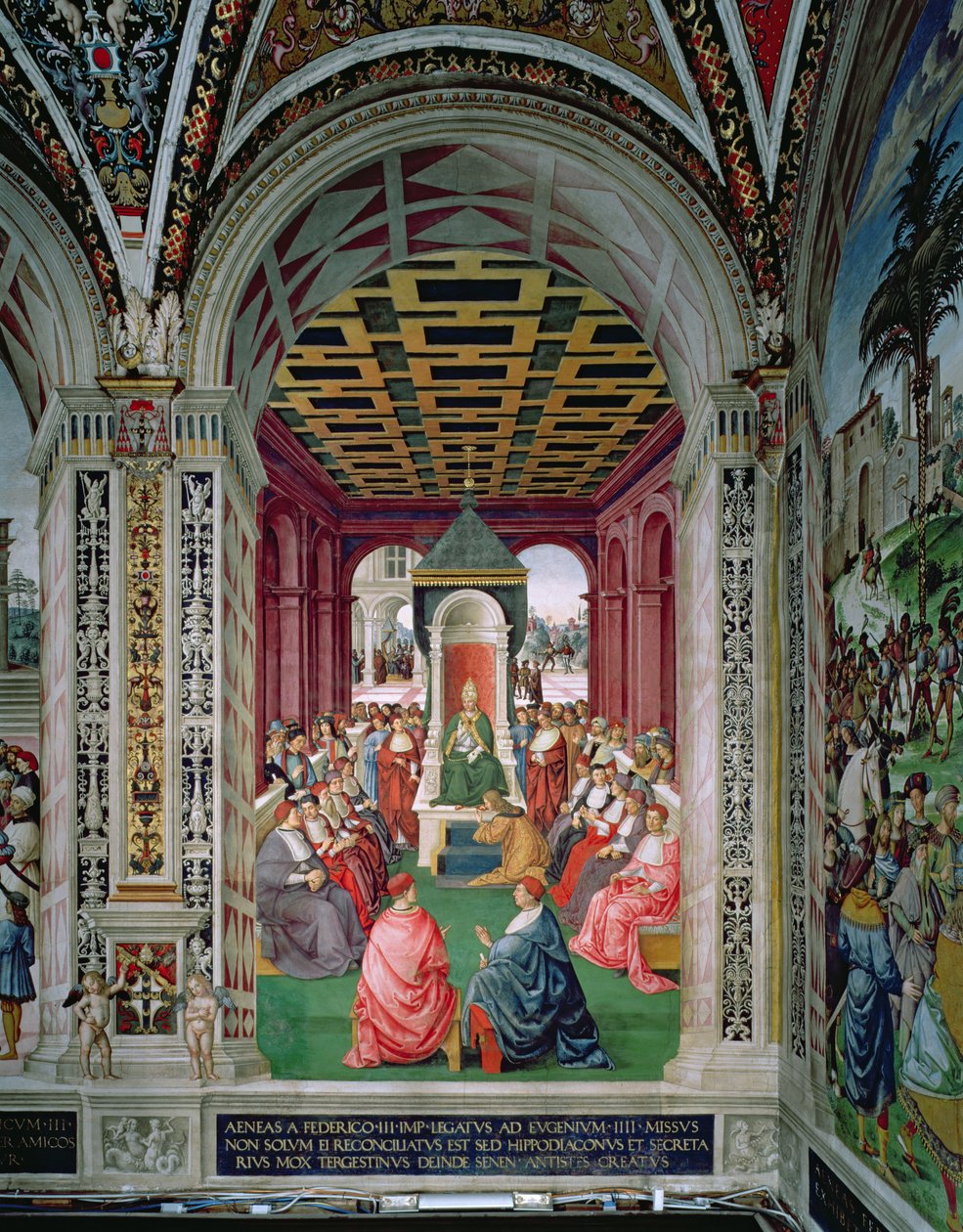 Aeneas Sylvius Piccolomini (1405-64) underkaster seg pave Eugene IV (1383-1447) 7. februar av Bernardino di Betto Pinturicchio
