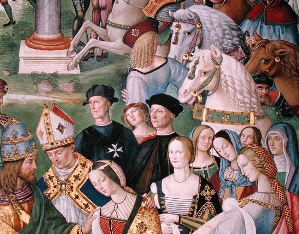 Aeneas Sylvius Piccolomini (1405-64) presenterer Eleonora av Aragon til Frederick III (1415-93) den 24. februar 1452 (fresco) (detalj) av Bernardino di Betto Pinturicchio