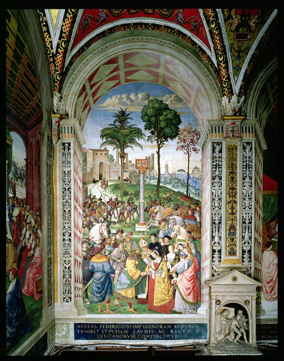 Aeneas Sylvius Piccolomini (1405-64) presenterer Eleonora av Aragon til Frederick III (1415-93) 24. februar 1452 (fresco) av Bernardino di Betto Pinturicchio