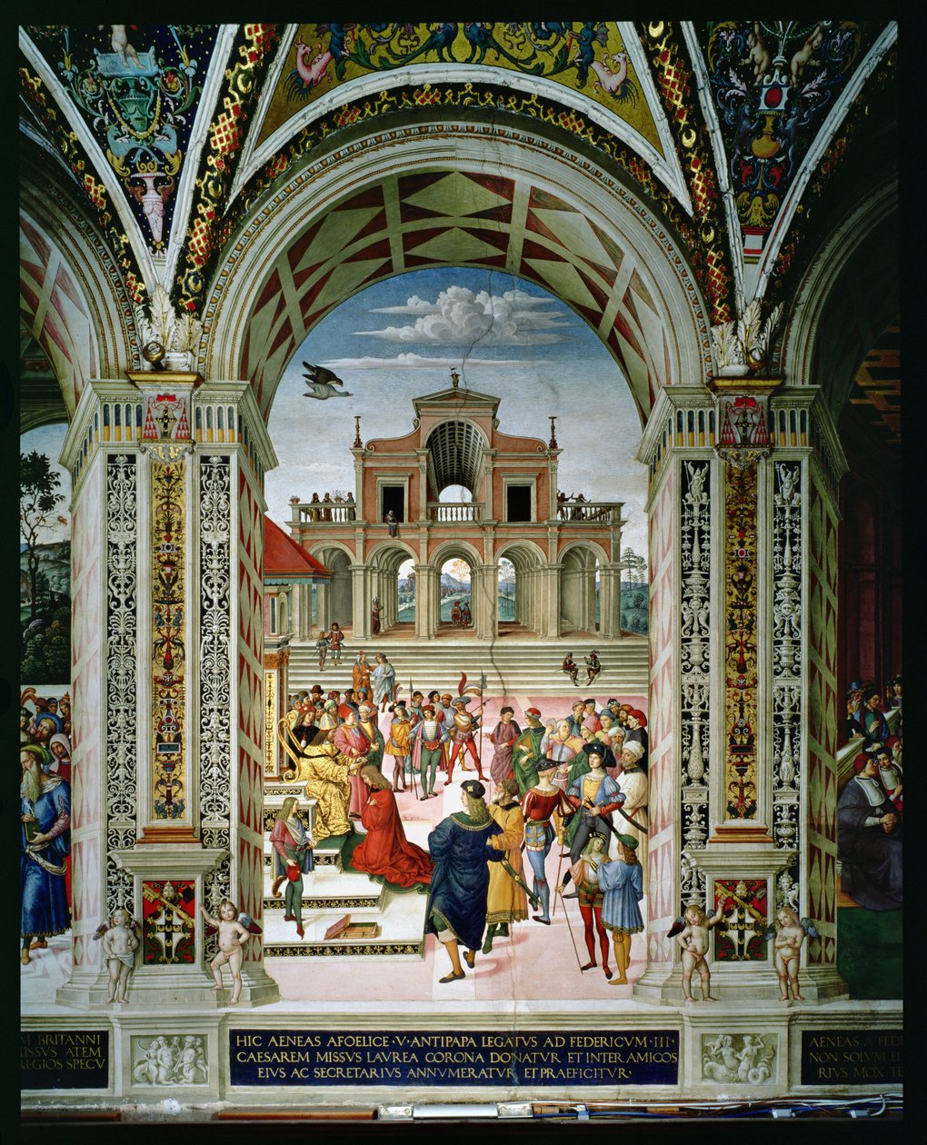 Aeneas Sylvius Piccolomini (1405-64) er kronet poetprisvinner av Frederick III (1415-93) i 1442 av Bernardino di Betto Pinturicchio