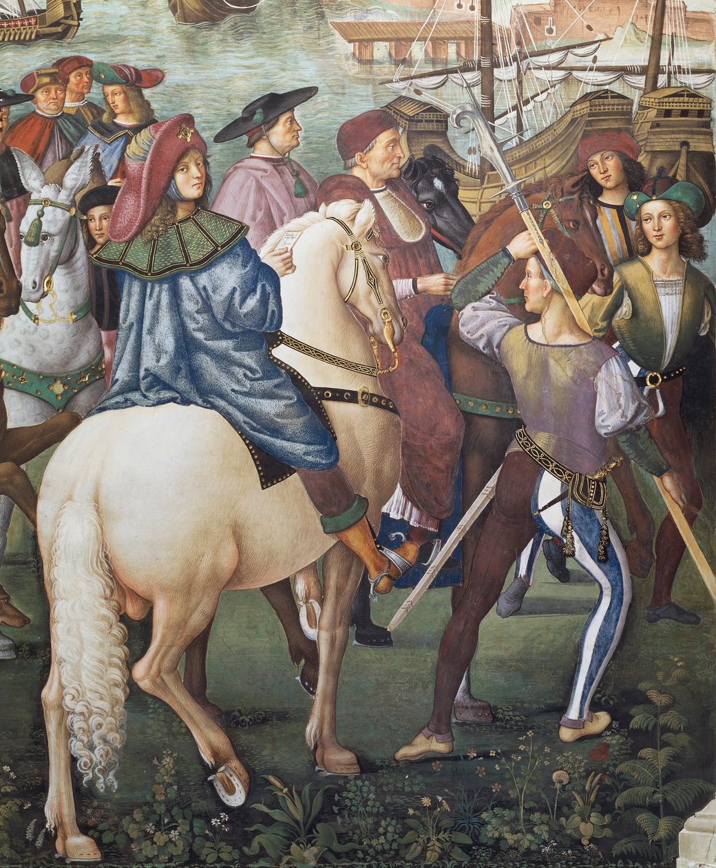 Enea Silvio Piccolomini drar til Basel i egenskap av sekretær for biskopen av Ferrara, detalj fra historiene til Pius II av Bernardino di Betto Pinturicchio