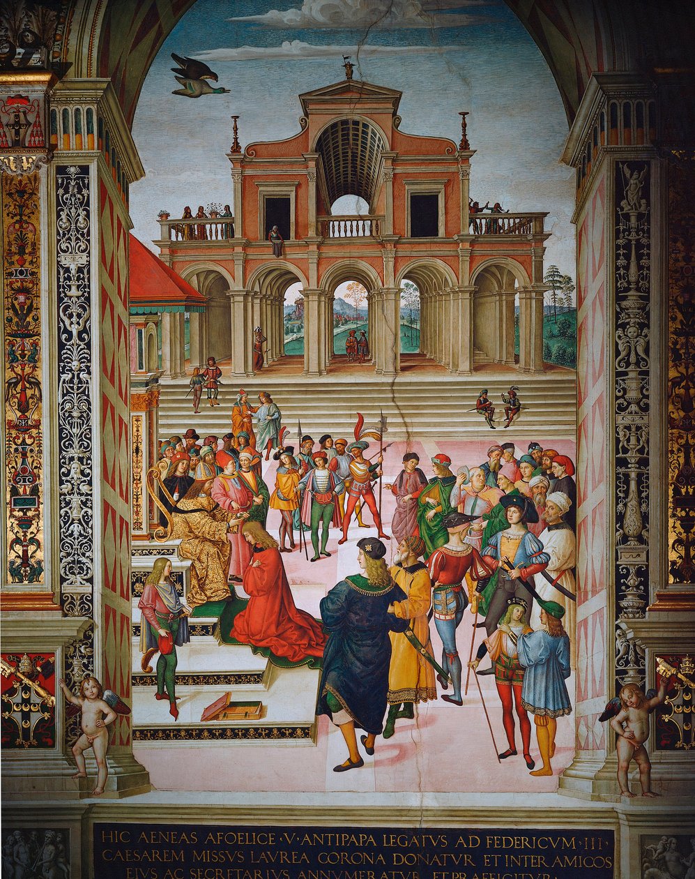 Enea Silvio kronet poet av keiser Frederic III, Siena, Duomo, Piccolomini Library av Bernardino di Betto Pinturicchio