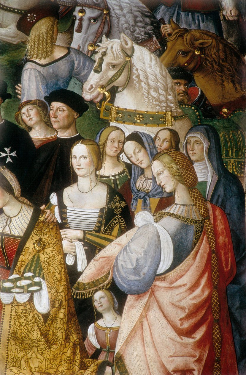 Enee Silvio Piccolomini presenterer Eleonore av Portugal til keiser Frederick III av Det hellige rike ved Camollia-porten i Siena", detalj (fresco) av Bernardino di Betto Pinturicchio