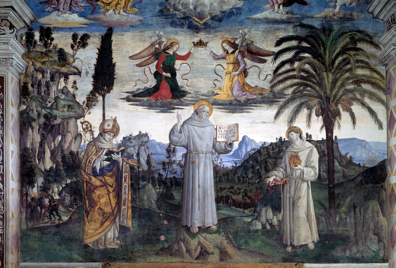 Glory of Bernardino of Siena. Detalj av Saint mellom Saint Louis av Anjou og Saint Anthony of Padua (Fresco, ca. 1486) av Bernardino di Betto Pinturicchio
