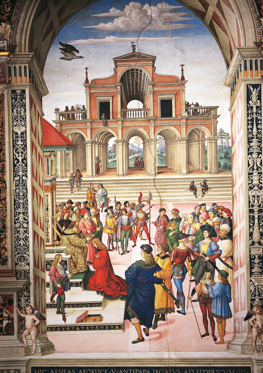 Italia, Siena, katedralen, Piccolomini-biblioteket, Enea Silvio Piccolomini blir gjort til poetprisvinner av keiser Frederick III, detalj fra Stories of Pius II av Bernardino di Betto Pinturicchio