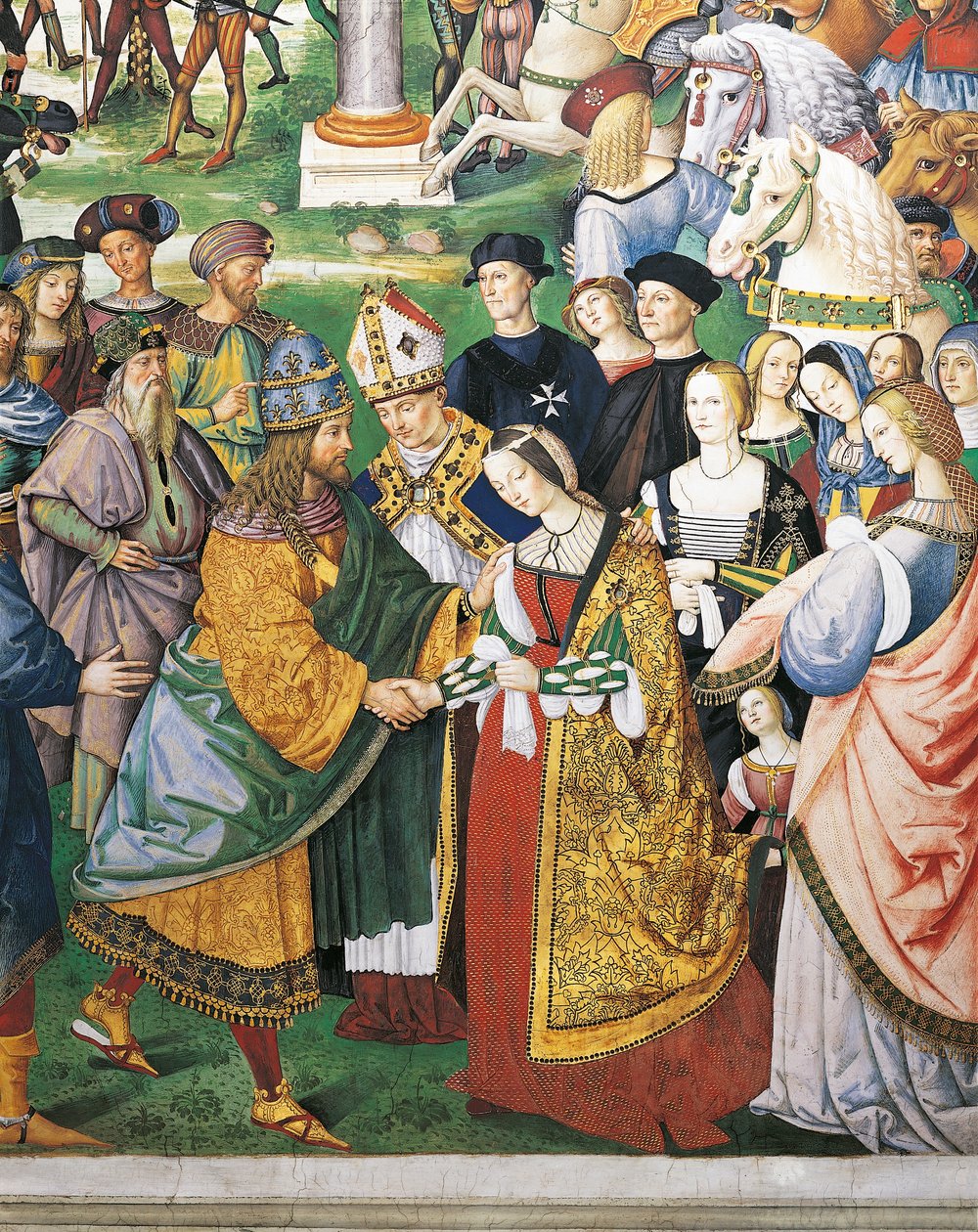 Italia, Siena, katedralen, Piccolomini-biblioteket, Enea Silvio Piccolomini, biskop av Siena som deltar på kroningen av Frederick III og Eleanor av Aragon, detalj fra Historier om Pius II av Bernardino di Betto Pinturicchio