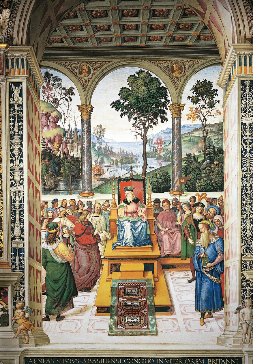 Italia, Siena, katedralen, Piccolomini-biblioteket, Enea Silvio Piccolomini holder tale for kong James I av Skottland, detalj fra Stories of Pius II av Bernardino di Betto Pinturicchio