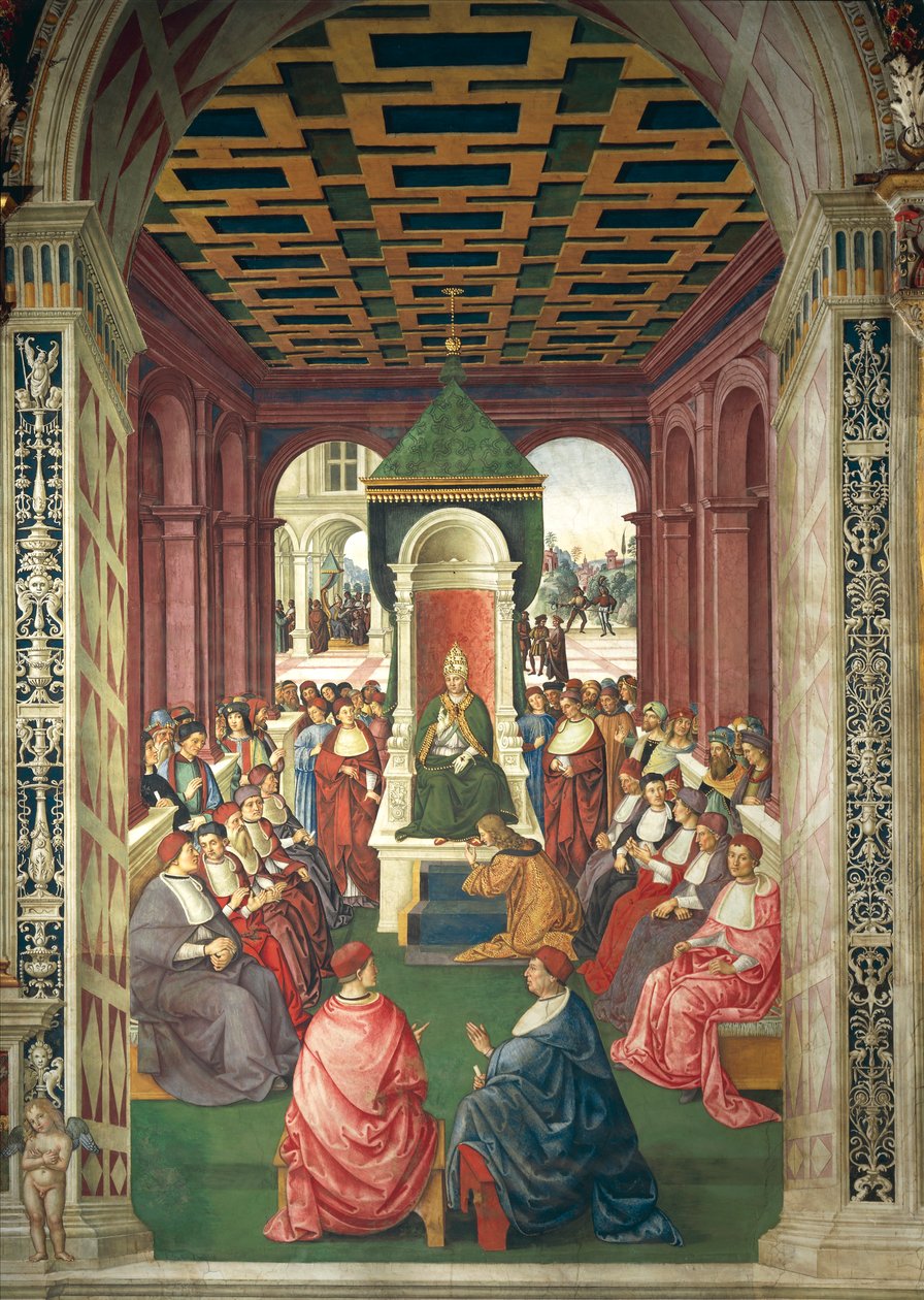 Italia, Siena, katedralen, Piccolomini-biblioteket, Enea Silvio Piccolomini i underkastelse til pave Eugenius IV, detalj fra Historier om Pius II av Bernardino di Betto Pinturicchio