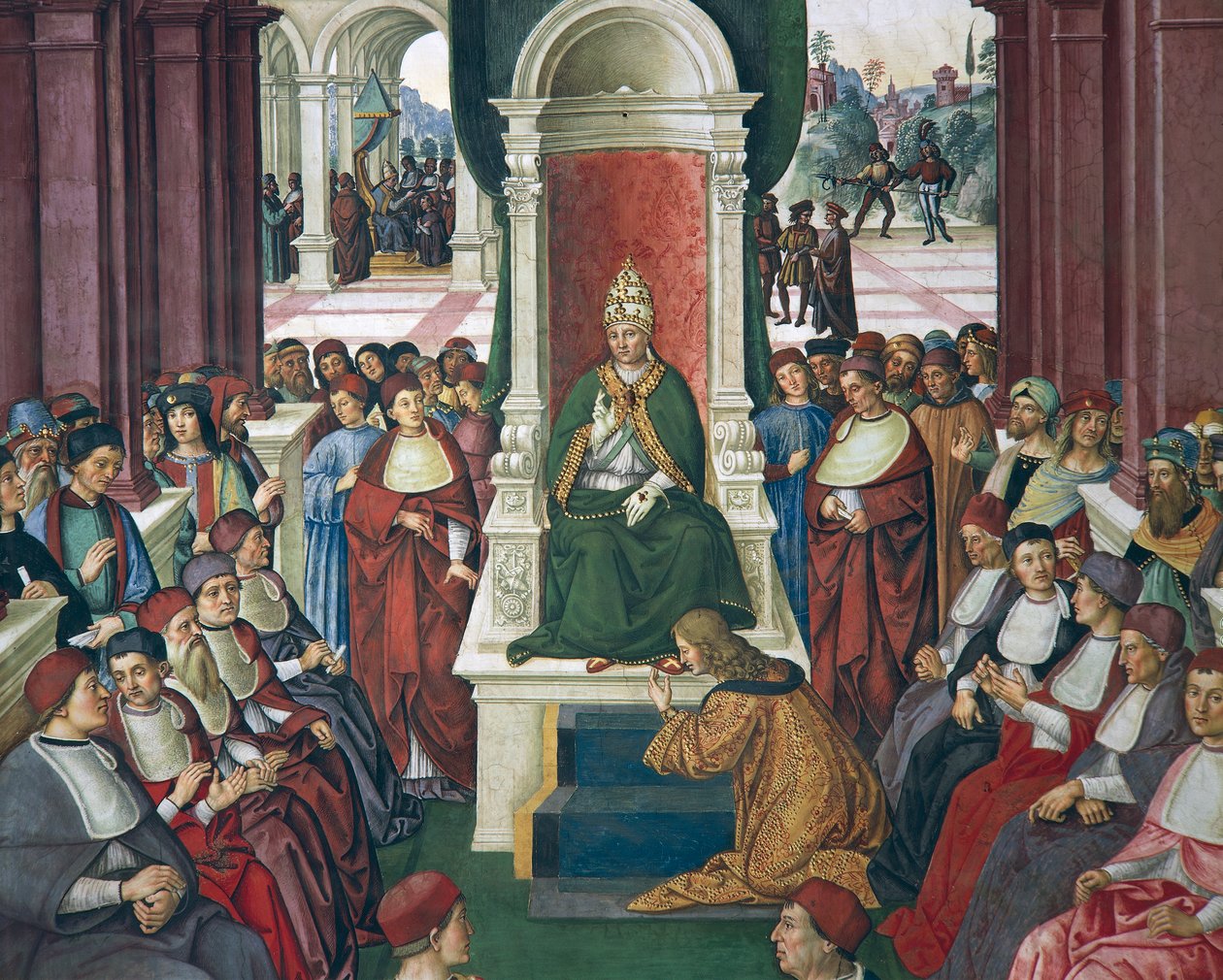 Italia, Siena, katedralen, Piccolomini-biblioteket, Enea Silvio Piccolomini i underkastelse til pave Eugenius IV, detalj fra Historier om Pius II av Bernardino di Betto Pinturicchio