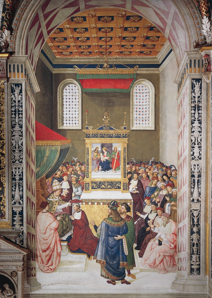 Italia, Siena, katedralen, Piccolomini-biblioteket, Enea Silvio Piccolomini mottar kardinalhatt fra Calixtus III, detalj fra Stories of Pius II av Bernardino di Betto Pinturicchio